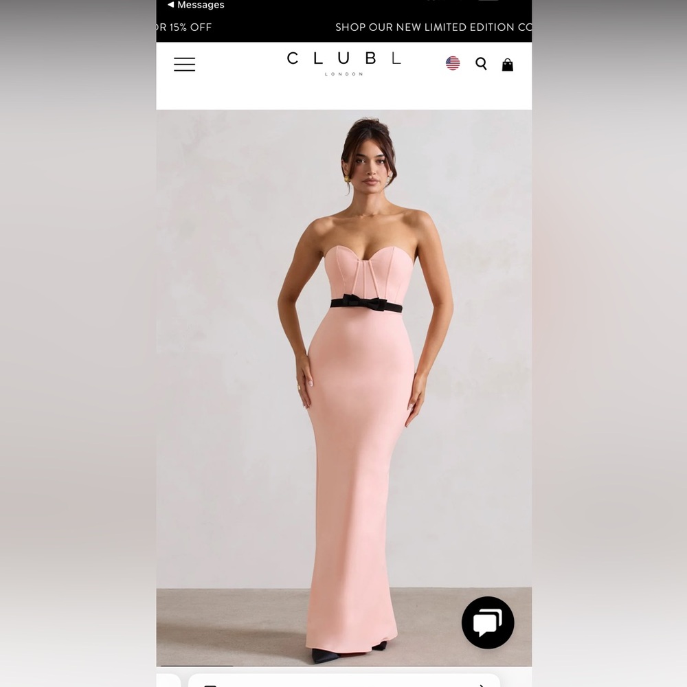 CLUB L London is an Elegant Peach Strapless Dress with Black Bow